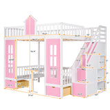 Full-Over-Full Bunk Bed with Changeable Table , Bunk Bed Turn into Upper Bed and Down Desk - Pink - Home Elegance USA