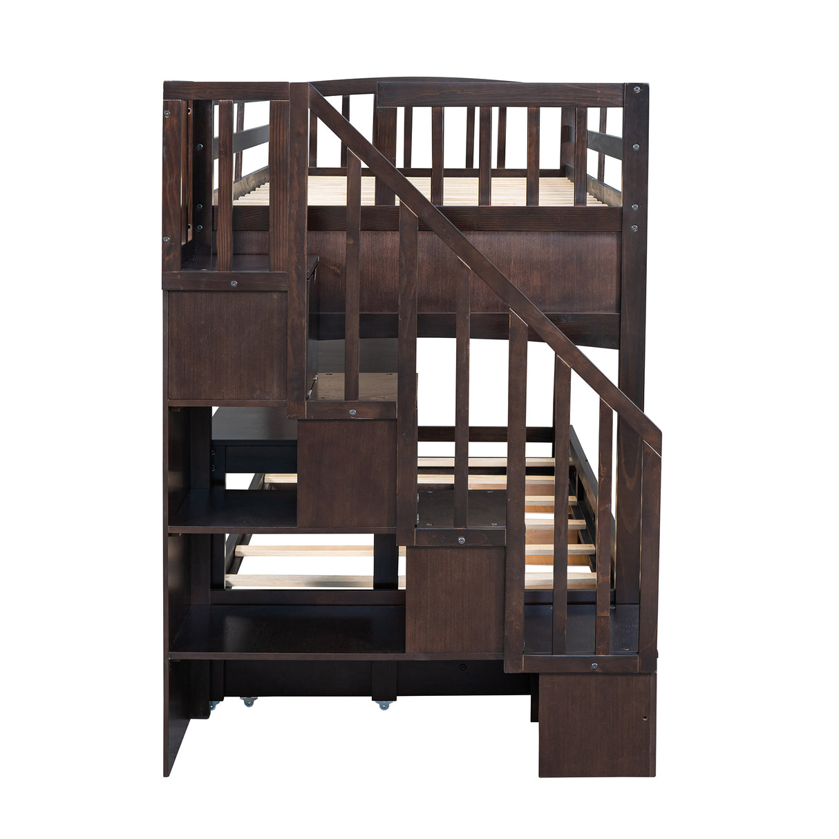 Stairway Twin XL Loft Bed with Twin Size Trundle and 3 Drawers, Storage, Desk, Espresso - Home Elegance USA