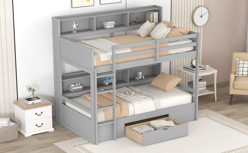 Twin Size Bunk Bed with Built-in Shelves Beside both Upper and Down Bed and Storage Drawer,Gray - Home Elegance USA