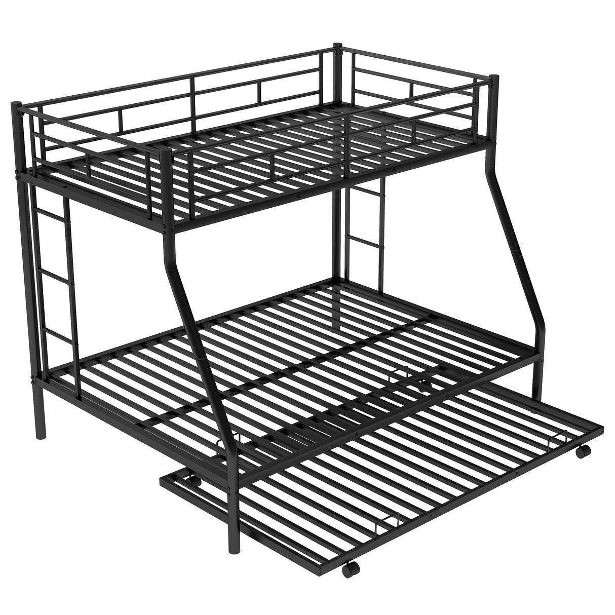 Twin over Full Bed with Sturdy Steel Frame, Bunk Bed with Twin Size Trundle, Two-Side Ladders, Black(OLD SKU:MF194424AAB) - Home Elegance USA