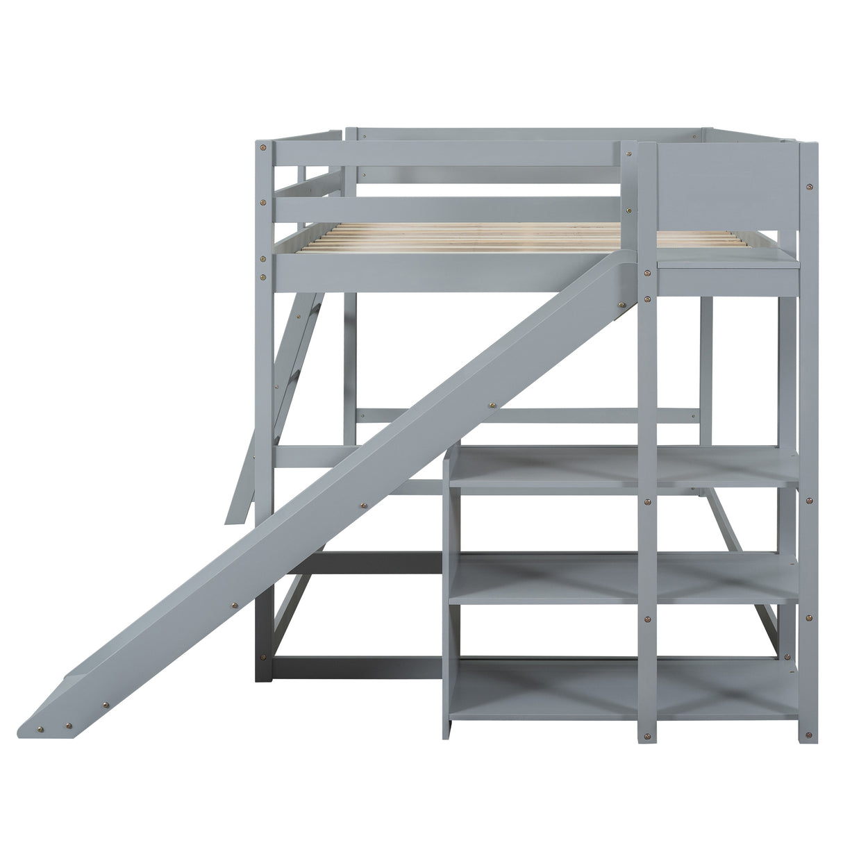 Full over Full Bunk Bed with Ladder, Slide and Shelves, Gray - Home Elegance USA