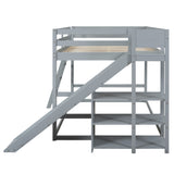 Full over Full Bunk Bed with Ladder, Slide and Shelves, Gray - Home Elegance USA
