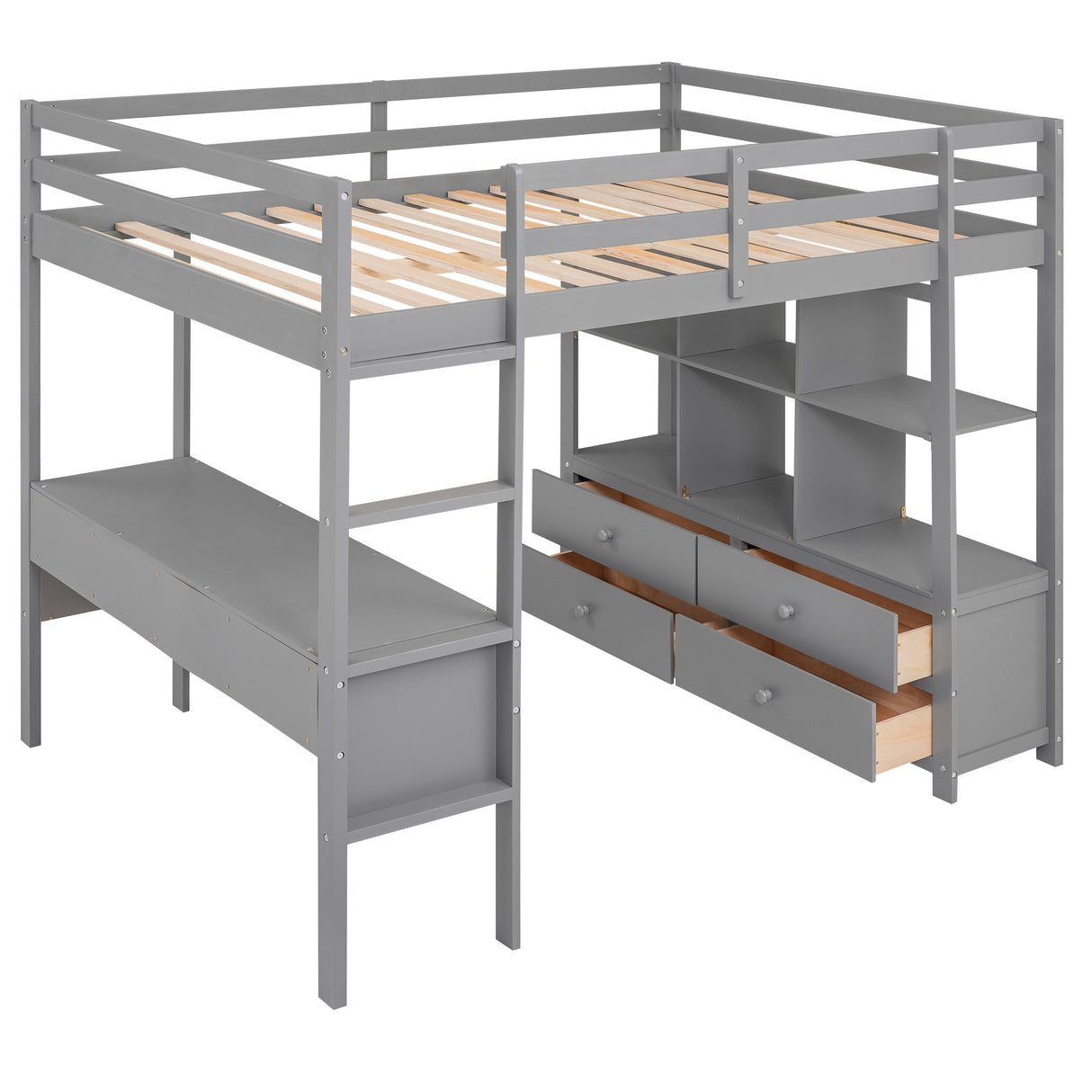 Full Size Loft Bed with Built-in Desk with Two Drawers, and Storage Shelves and Drawers,Gray - Home Elegance USA