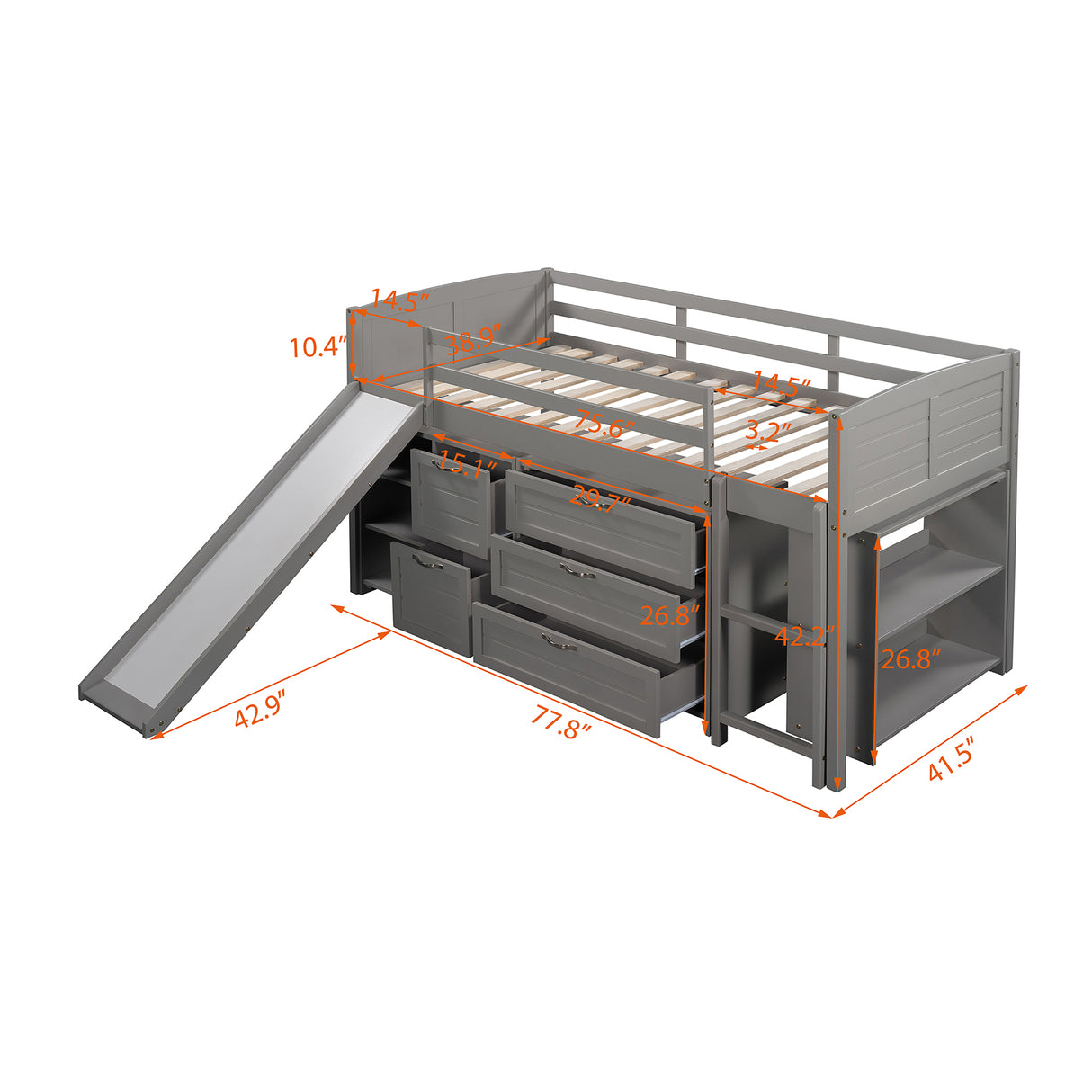 Low Twin Size Loft Bed with Cabinets, Shelves and Slide - Gray(OLD SKU :LP000503AAE) - Home Elegance USA