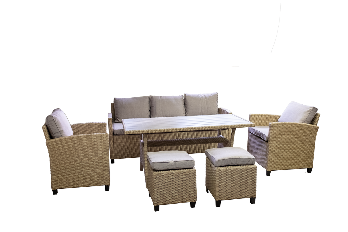 Dining Set 6 Pcs - 7 Seats. Outdoor Garden Patio Backyard or Conservatory Furniture Set - including Sofa, Chairs, Armchairs, Stools and Dining Table