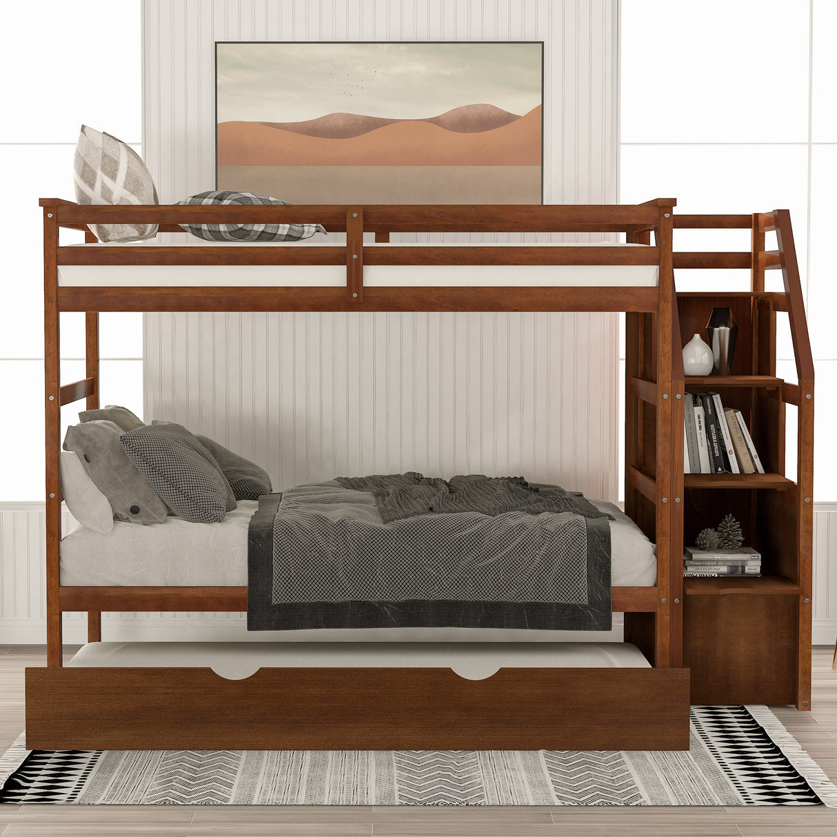 Twin-Over-Twin Bunk Bed with Twin Size Trundle and 3 Storage Stairs,Walnut (OLD SKU :LP000064AAD) - Home Elegance USA