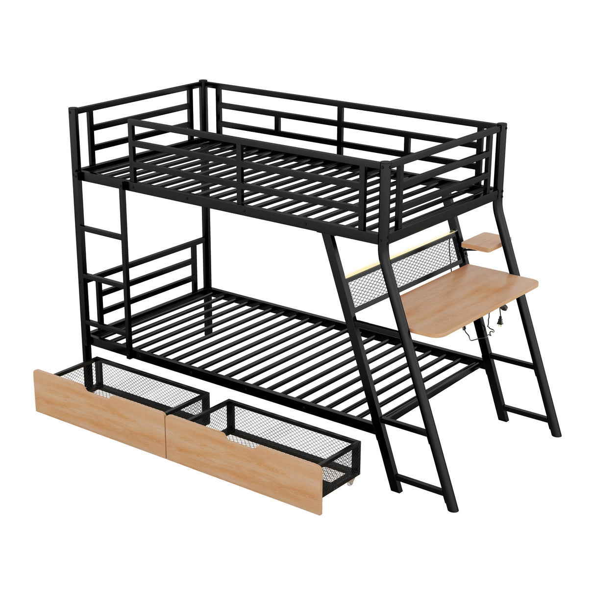 Twin Size Metal Bunk Bed with Built-in Desk, Light and 2 Drawers, Black(Expected Arrival Time: 9.18)