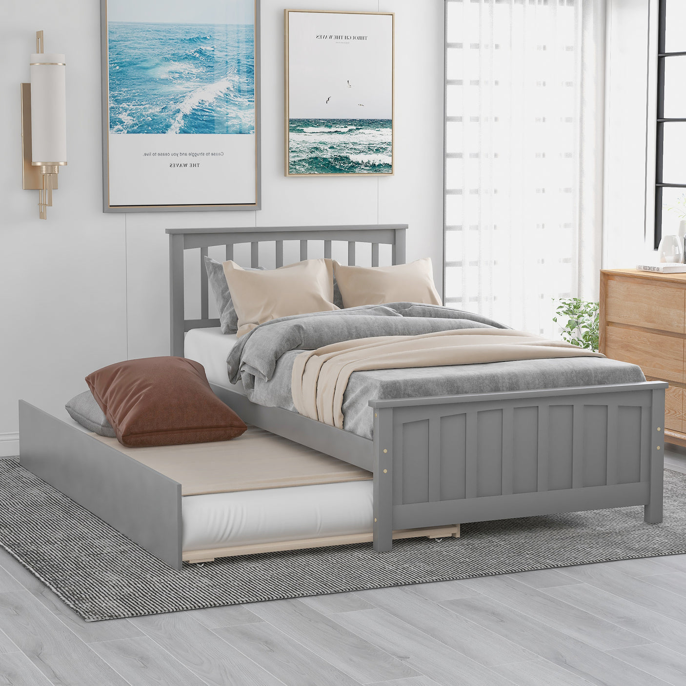 Twin size Platform Bed with Trundle, Gray - Home Elegance USA