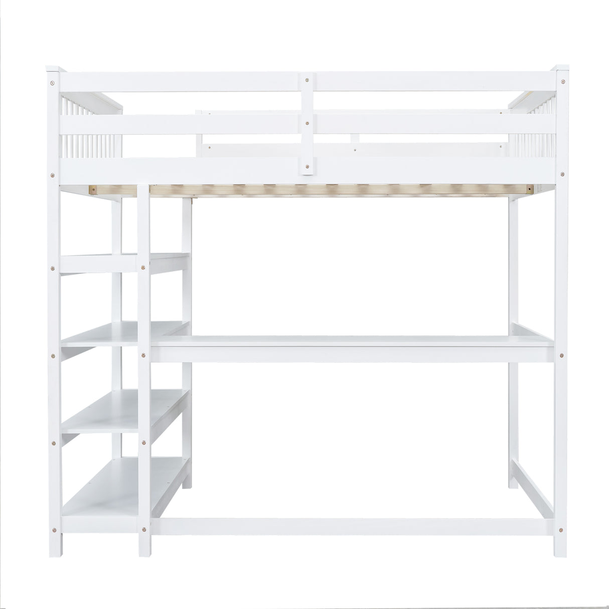 Full Size Loft Bed with Storage Shelves and Under-bed Desk, White - Home Elegance USA