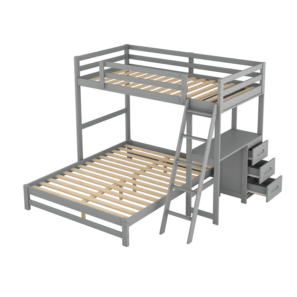 Twin over Full Bunk Bed with Built-in Desk and Three Drawers,Grey - Home Elegance USA