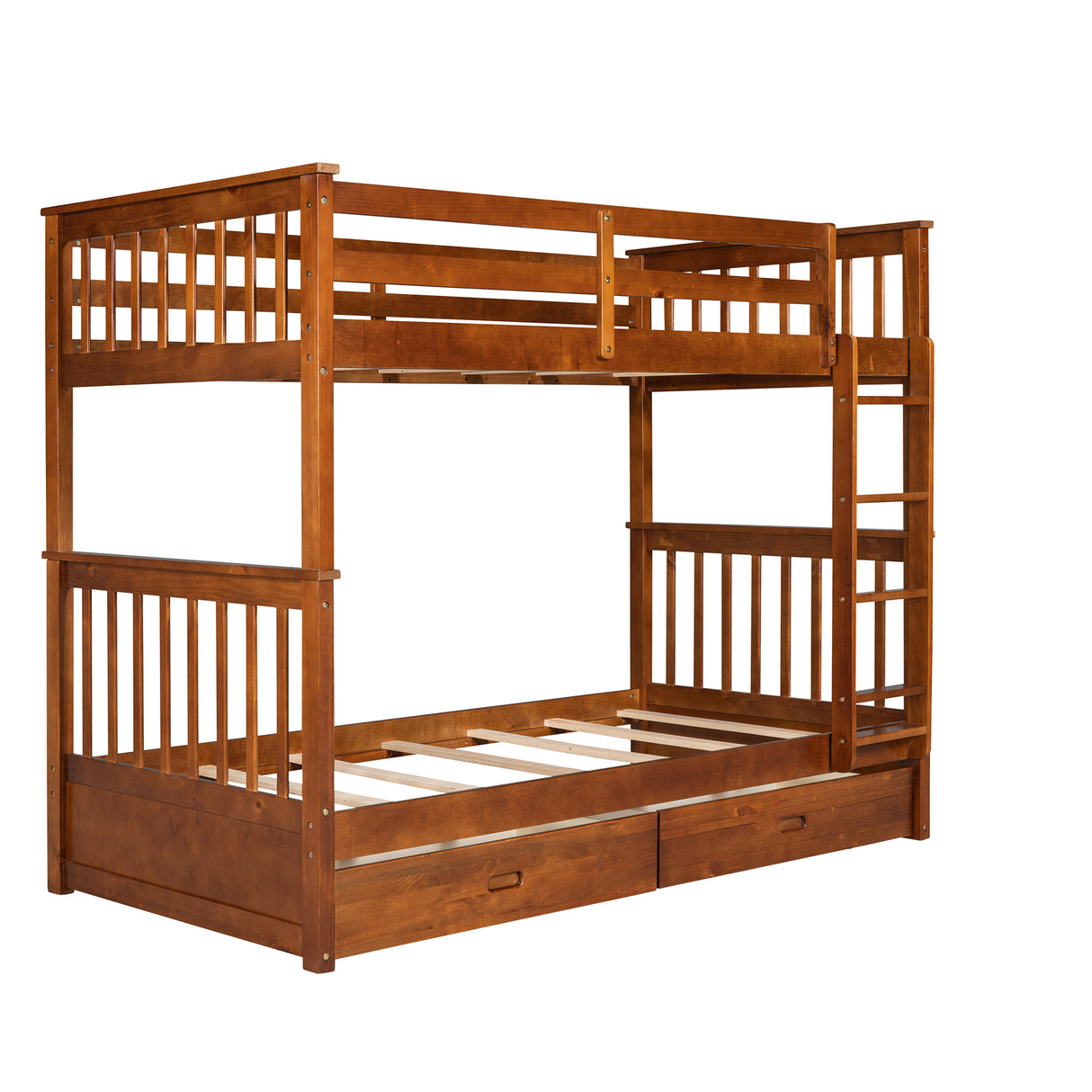 Twin-Over-Twin Bunk Bed with Ladders and Two Storage Drawers (Walnut) - Home Elegance USA