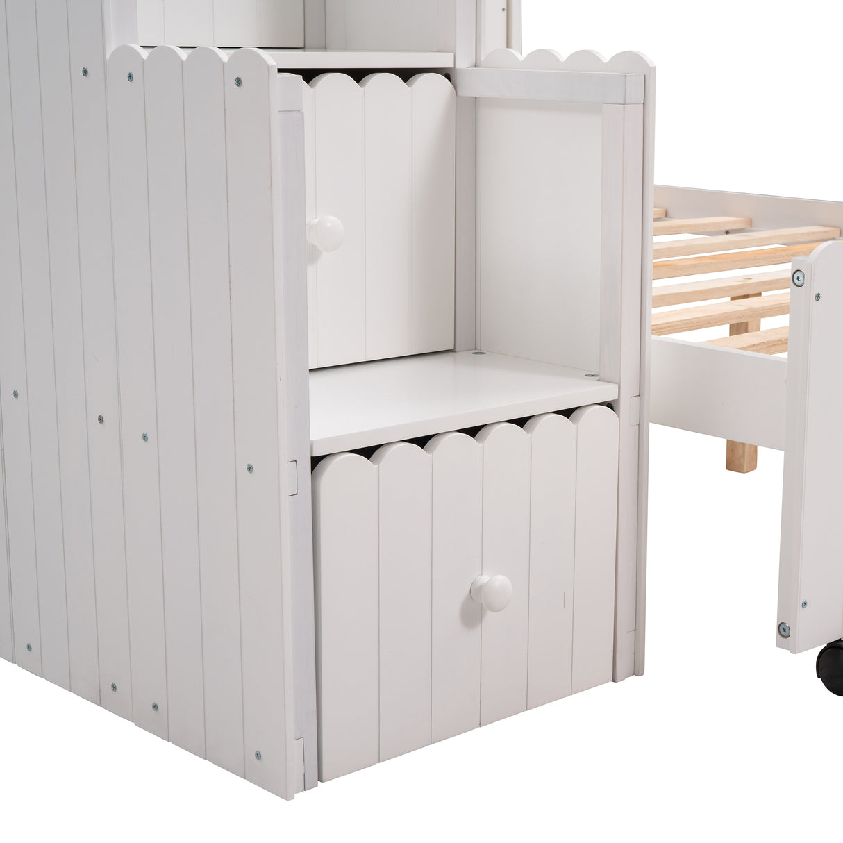 Stairway Twin Over Full Bunk Bed, House Bed with Two Shelves and Seven Drawers,White - Home Elegance USA