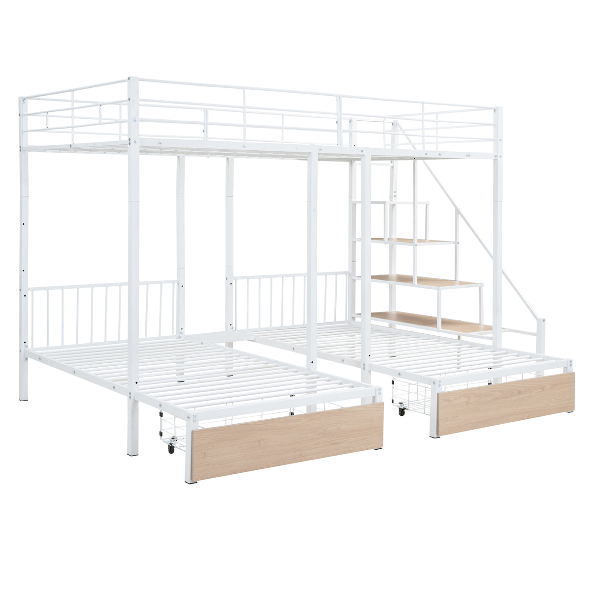 Full over Twin-Twin Triple bunk bed with drawers and staircase, White