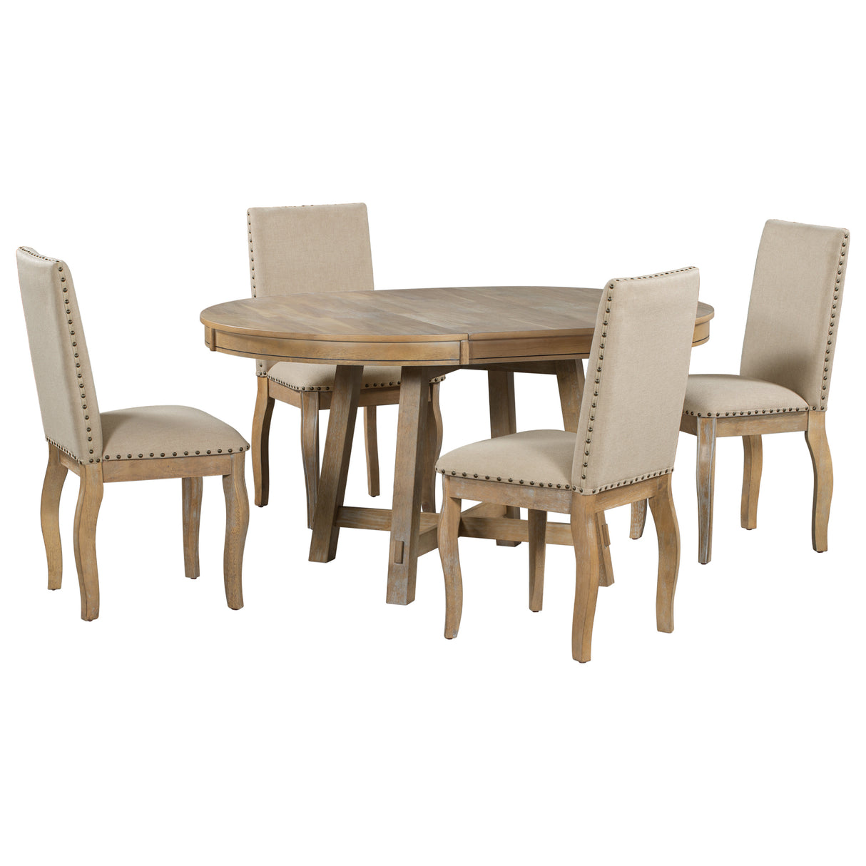 TREXM 5-Piece Farmhouse Dining Table Set Wood Round Extendable Dining Table and 4 Upholstered Dining Chairs (Natural Wood Wash) - Home Elegance USA