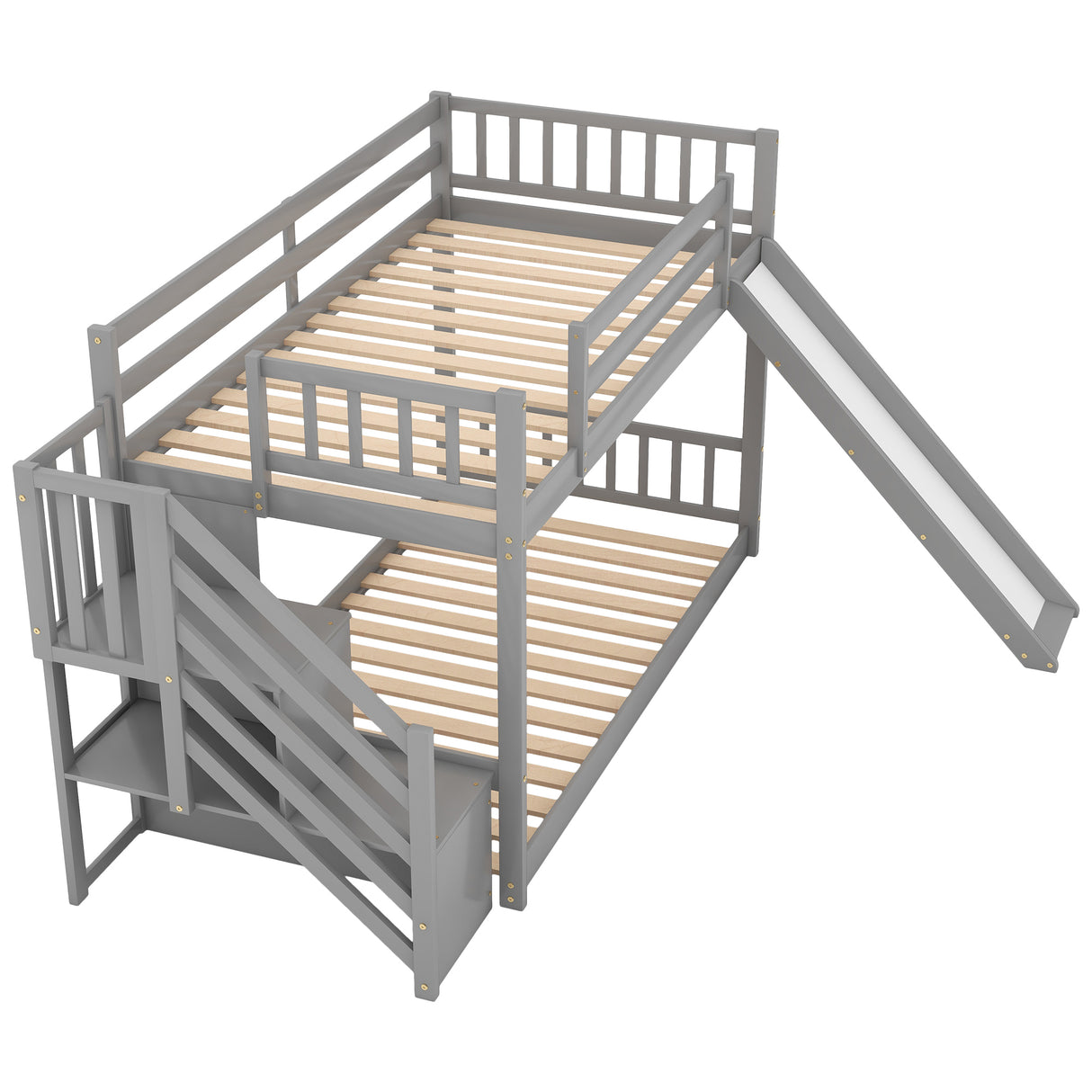 Twin over Twin Bunk Bed with Convertible Slide and Stairway, Gray - Home Elegance USA