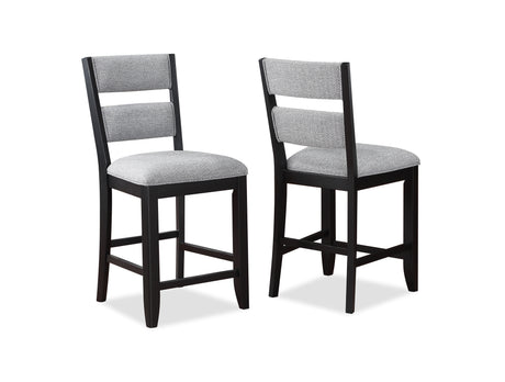 2pc Set Black Farmhouse Style Ladder Back Counter Height Side Chair Stool Gray Color Upholstered Seat and Back Dining Room Wooden Furniture - Home Elegance USA