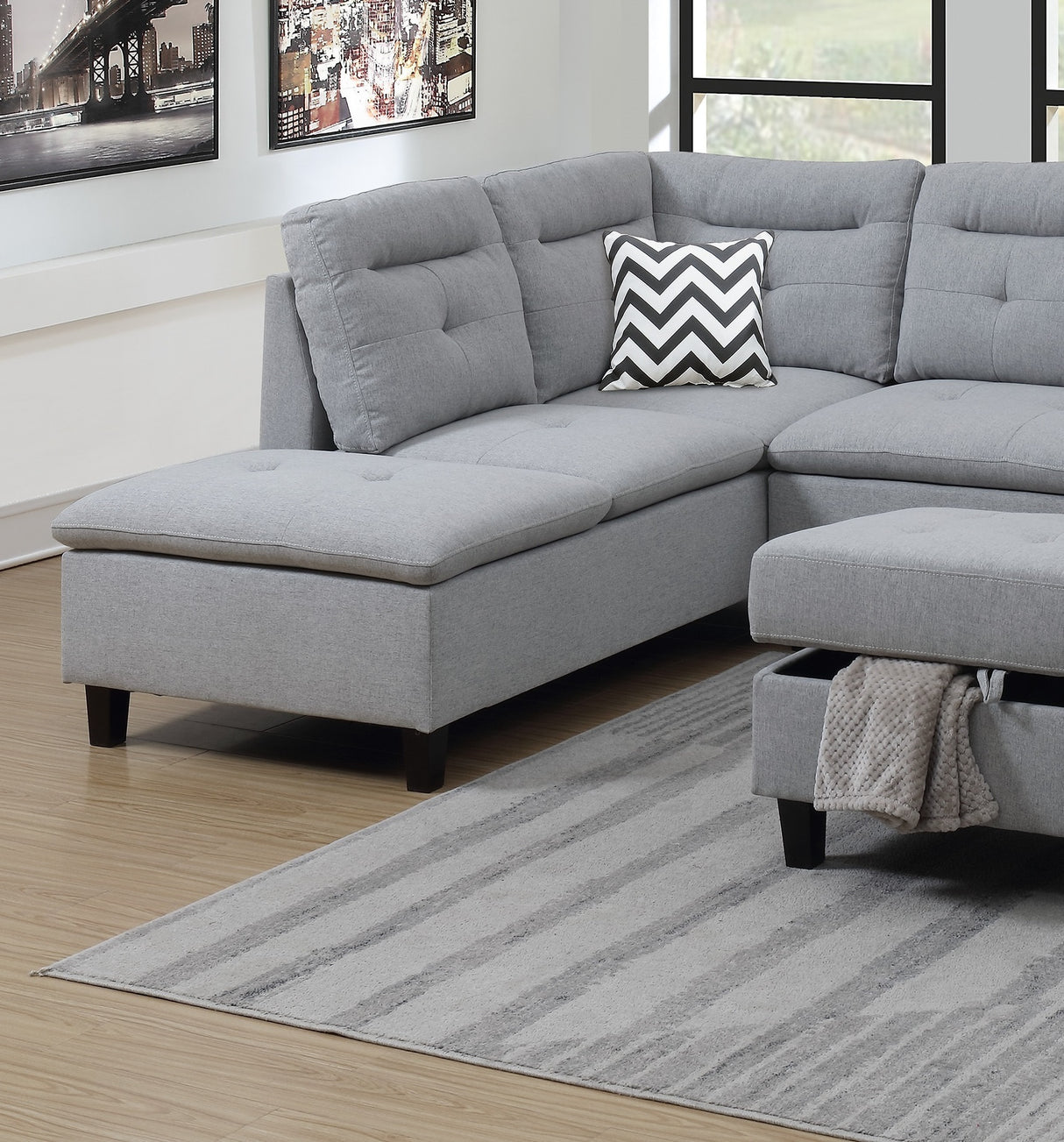 Living Room Furniture Grey Cushion Sectional w Ottoman Linen Like Fabric Sofa Chaise - Home Elegance USA