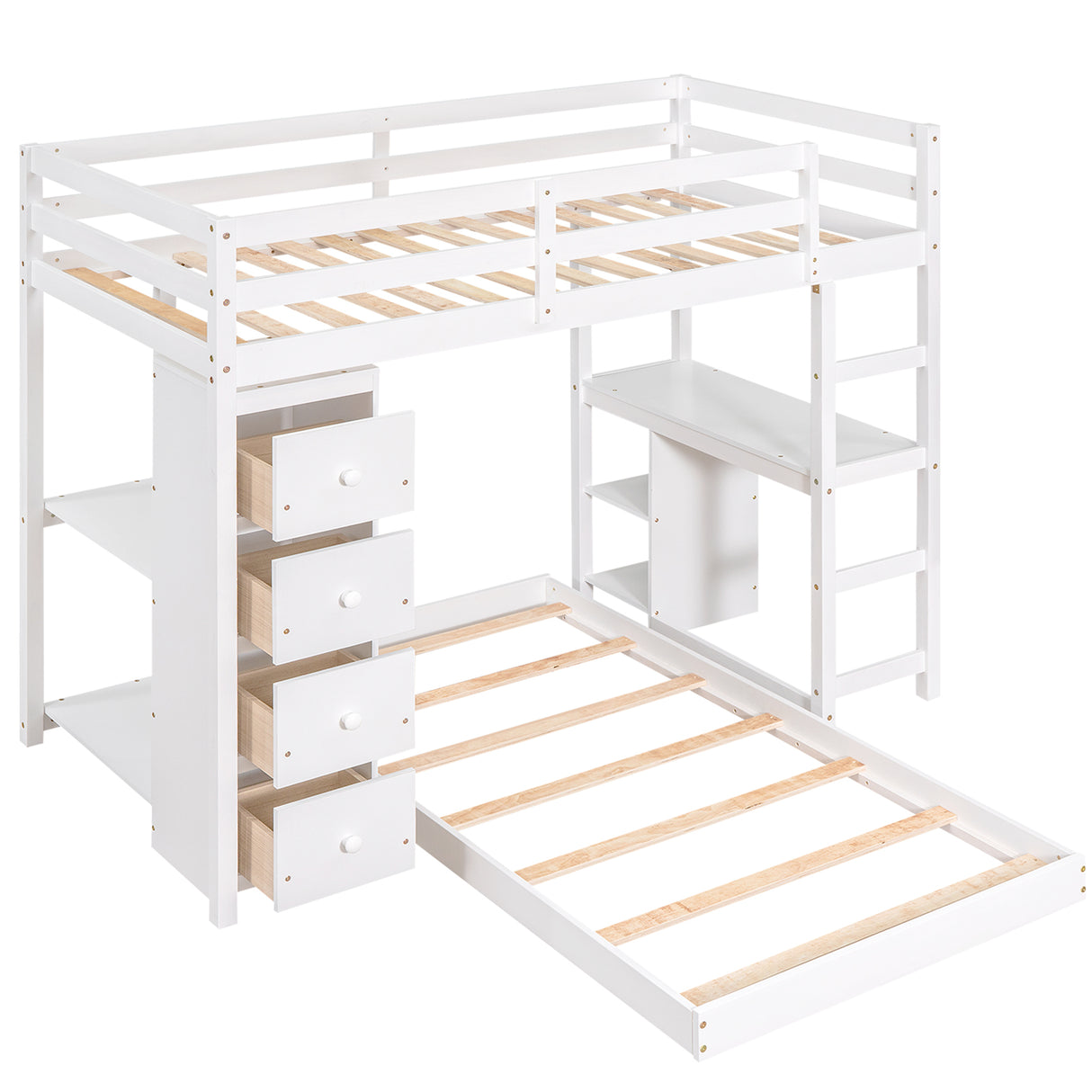 Twin over Twin Bed with Drawers and Shelves,White - Home Elegance USA