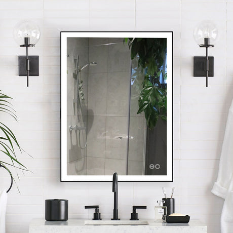 24 in. W x 32 in. H Rectangular Aluminum Framed LED Light Anti-Fog Wall Mount Bathroom Vanity Mirror in Matte Black