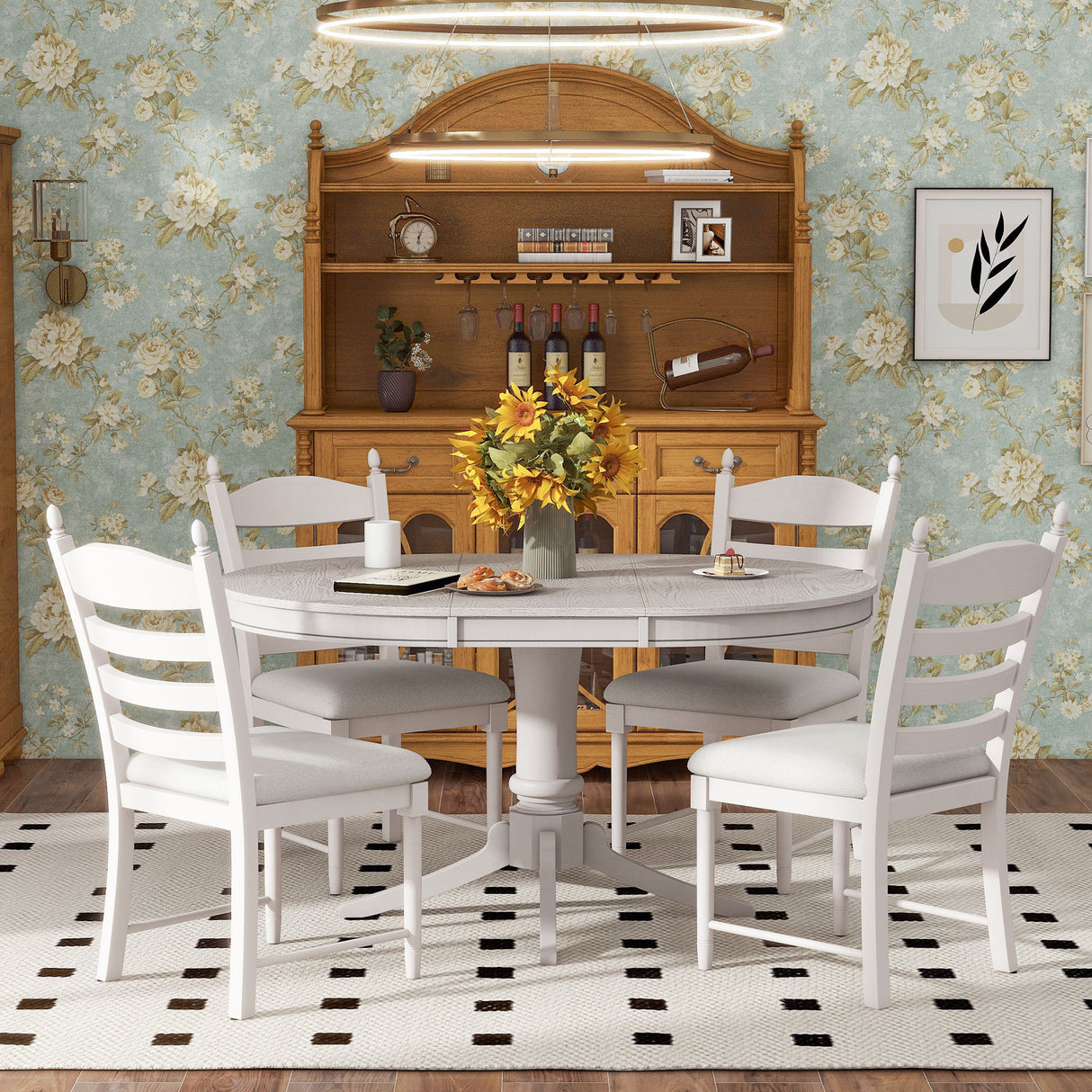 TREXM 5-Piece Retro Functional Dining Table Set Wood Round Extendable Dining Table and 4 Upholstered Dining Chairs (Antique White) - Home Elegance USA