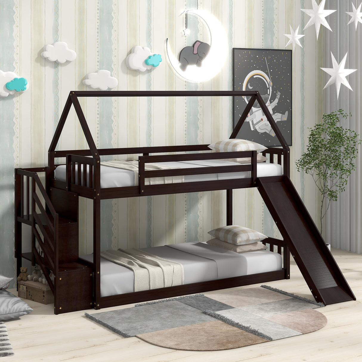 Twin over Twin House Bunk Bed with Slide and Storage Staircase,Espresso - Home Elegance USA