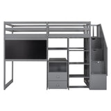 Twin Size Loft Bed with Pullable Desk and Storage Shelves,Staircase and Blackboard,Gray - Home Elegance USA