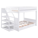 Wood Full Size Convertible Bunk Bed with Storage Staircase, Bedside Table, and 3 Drawers, White - Home Elegance USA