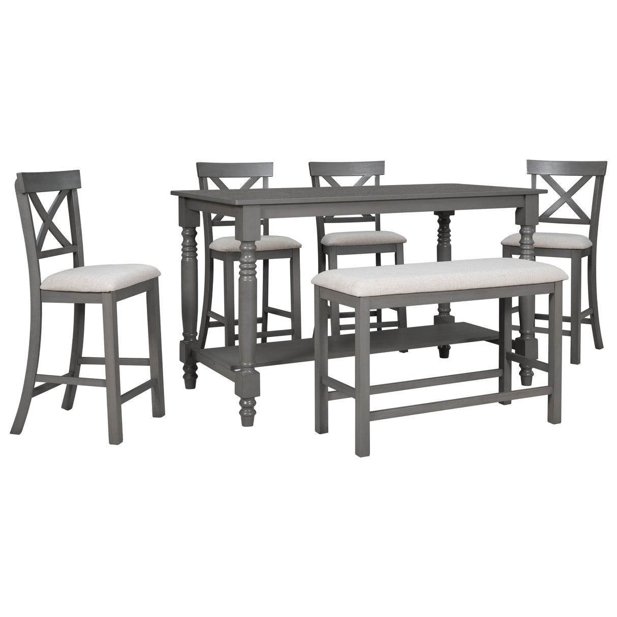 TREXM 6-Piece Counter Height Dining Table Set Table with Shelf 4 Chairs and Bench for Dining Room (Gray) - Home Elegance USA