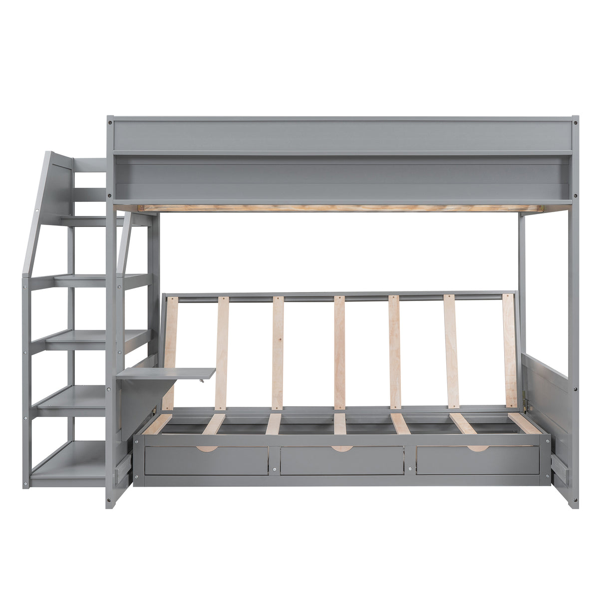 Wood Full Size Convertible Bunk Bed with Storage Staircase, Bedside Table, and 3 Drawers, Gray - Home Elegance USA