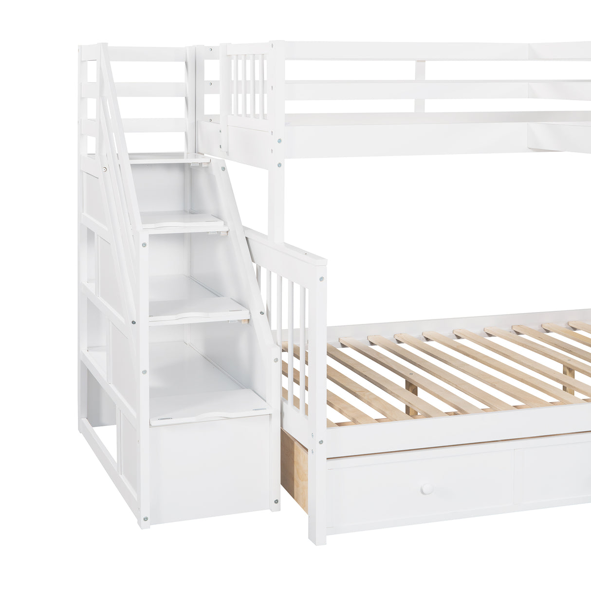 Twin over Full L-Shaped Bunk Bed With 3 Drawers, Ladder and Staircase - White - Home Elegance USA