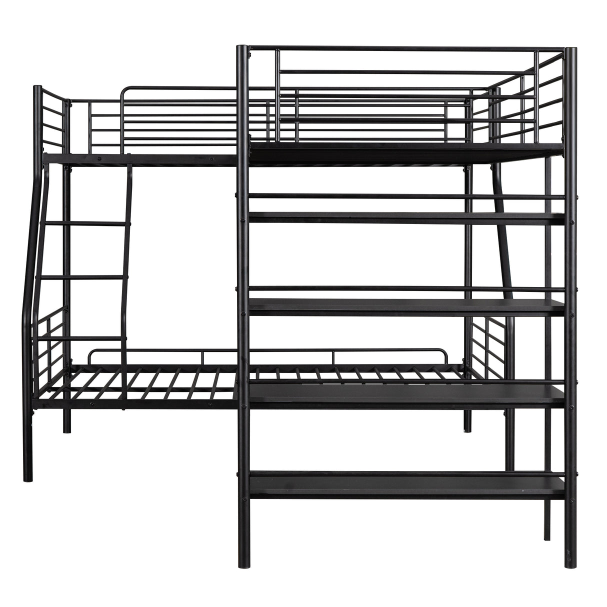 L-Shaped Metal Twin over Full Bunk Bed and Twin Size Loft Bed with Four Built-in Shelves,Black - Home Elegance USA