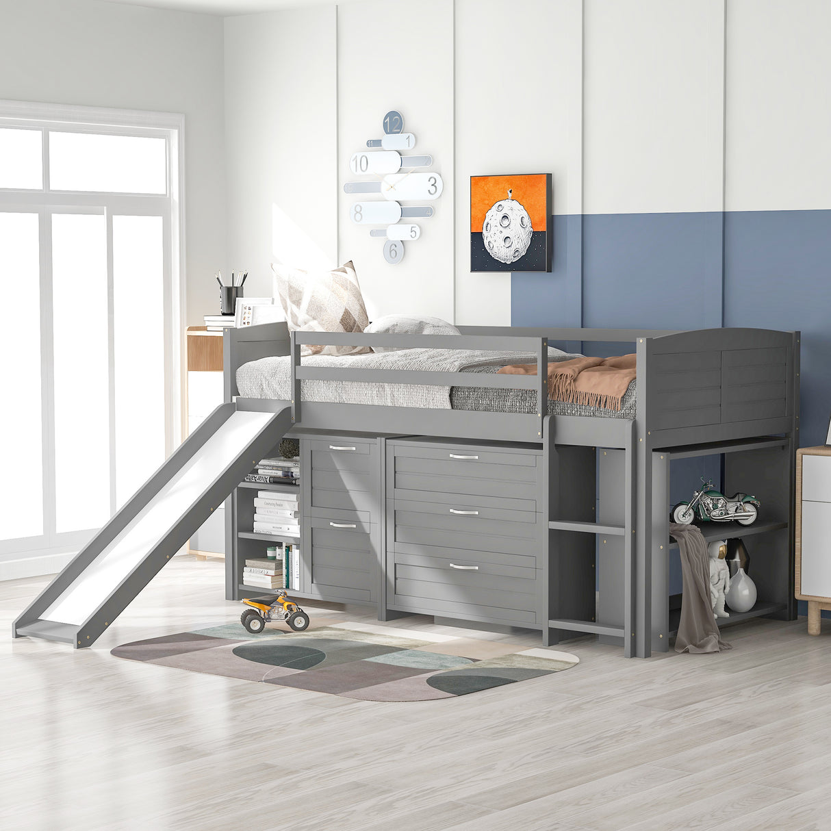 Low Twin Size Loft Bed with Cabinets, Shelves and Slide - Gray(OLD SKU :LP000503AAE) - Home Elegance USA