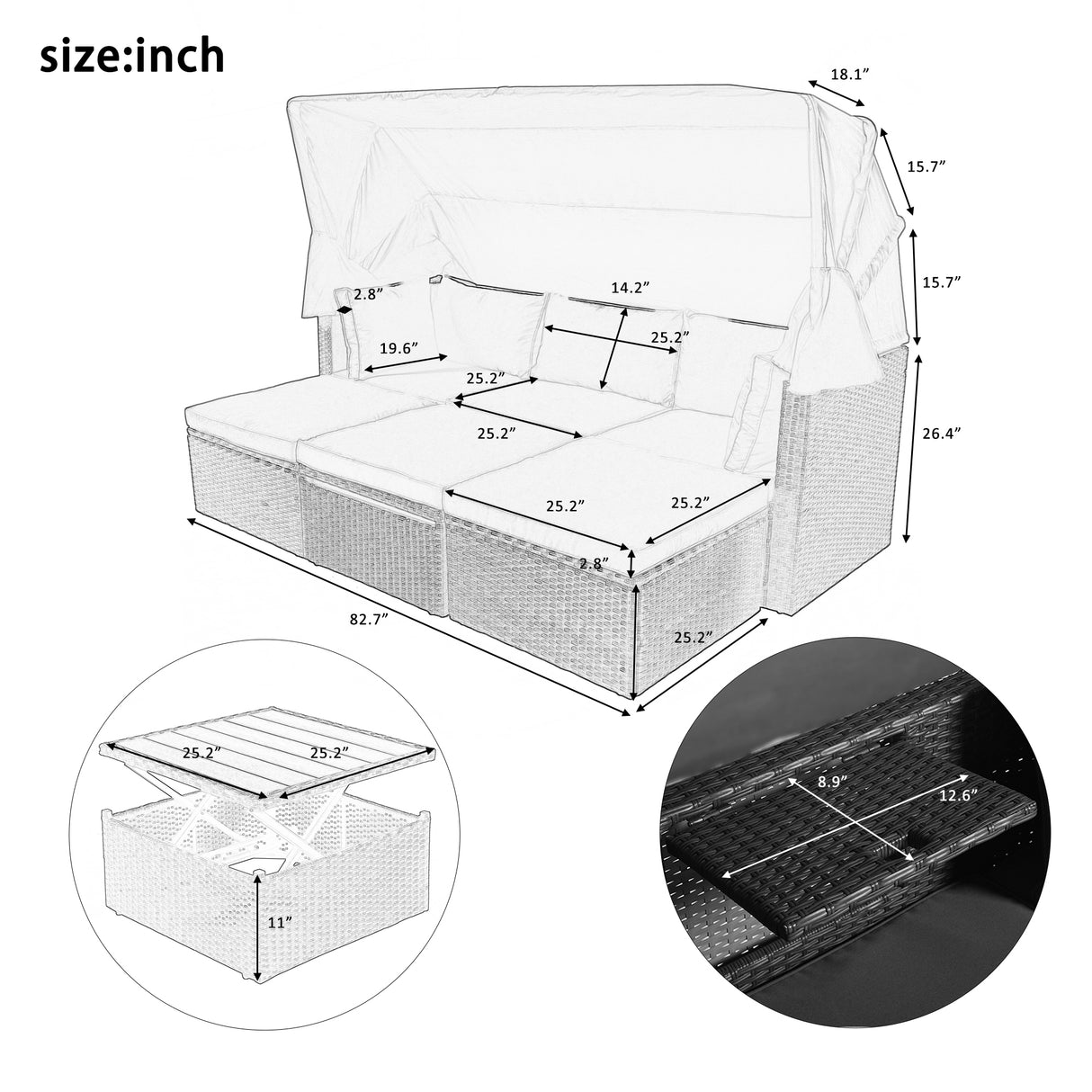 U_Style Outdoor Patio Rectangle Daybed with Retractable Canopy,  Wicker Furniture Sectional Seating with Washable Cushions, Backyard, Porch（As same as WY000263AAE） - Home Elegance USA