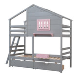 Twin over Twin Bunk Bed with 2 Drawers, 1 Storage Box, 1 Shelf, Window and Roof-Gray(OLD SKU:LT000608AAE) - Home Elegance USA