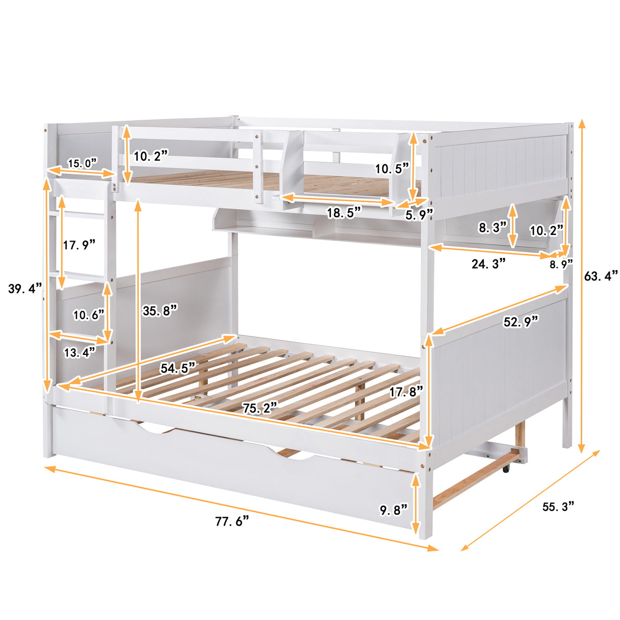 Full-Over-Full Bunk Bed with Twin size Trundle , Separable Bunk Bed with Bookshelf for Bedroom-White - Home Elegance USA