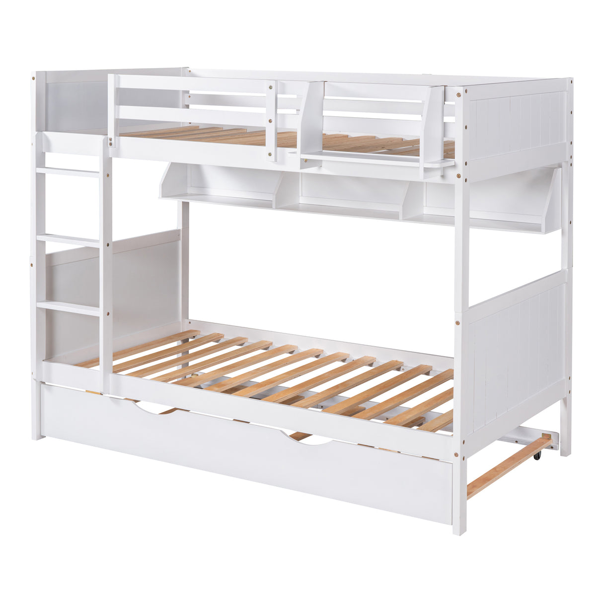 Twin-Over-Twin Bunk Bed with Twin size Trundle , Separable Bunk Bed with Bookshelf for Bedroom -White - Home Elegance USA