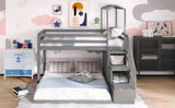 Twin over Full House Roof Bunk Bed with Staircase and Shelves, Gray - Home Elegance USA