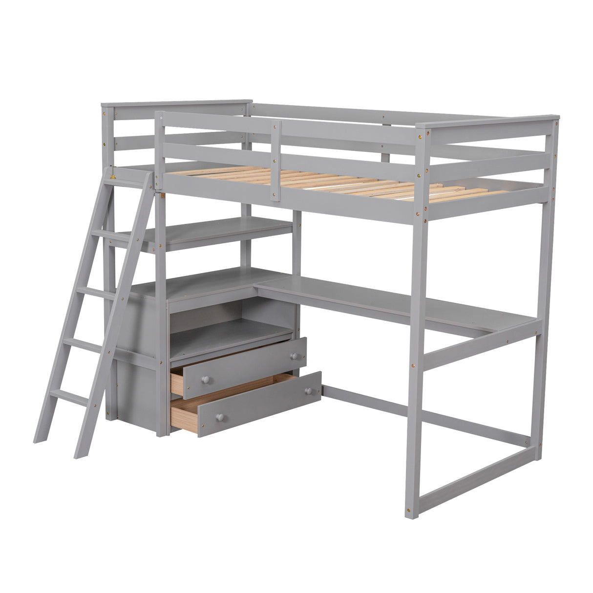 Twin Size Loft Bed with Desk and Shelves, Two Built-in Drawers, Gray(old SKU: GX000803AAE-1） - Home Elegance USA