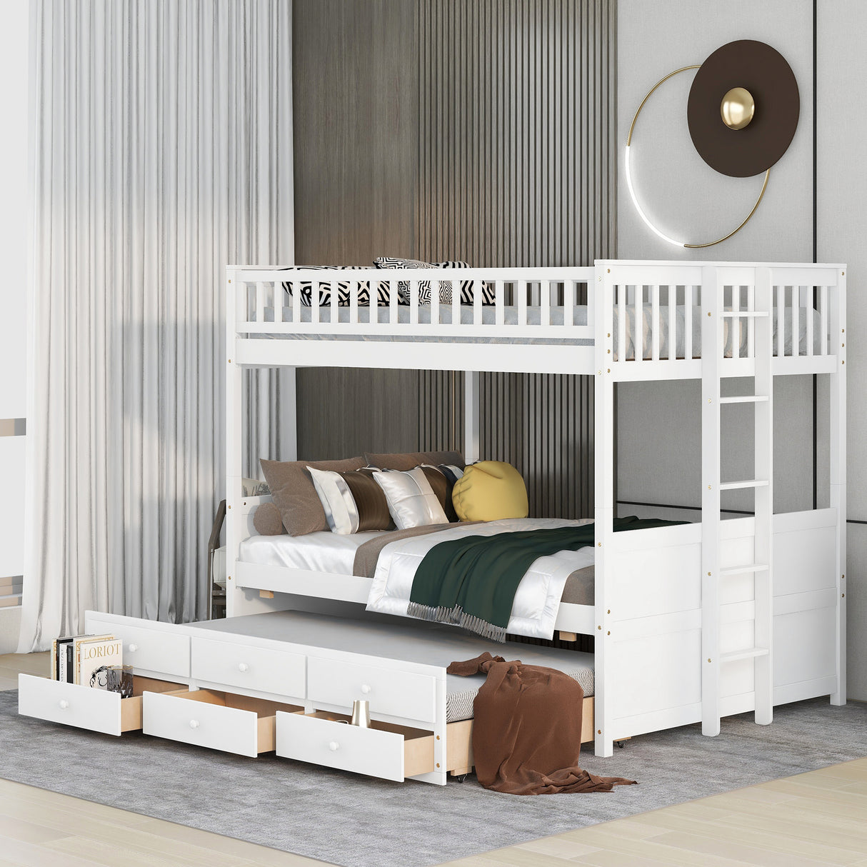 FULL OVER FULL BUNKBED WITH TWIN TRUNDLE AND 3 DRAWERS - Home Elegance USA