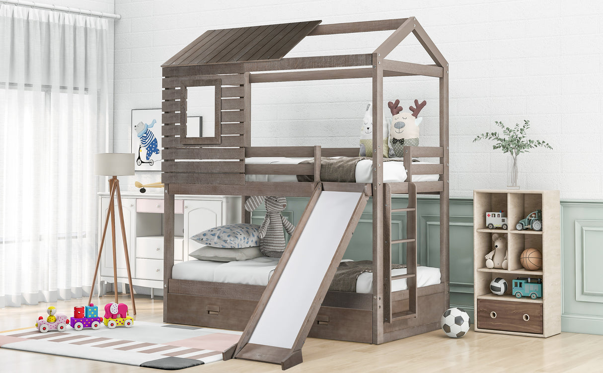 Twin Over Twin Bunk Bed with Two Storage Drawers and Slide, House-Shaped Wood Bunk Bed, Antique Gray (OLD SKU:LP000089AAE) - Home Elegance USA