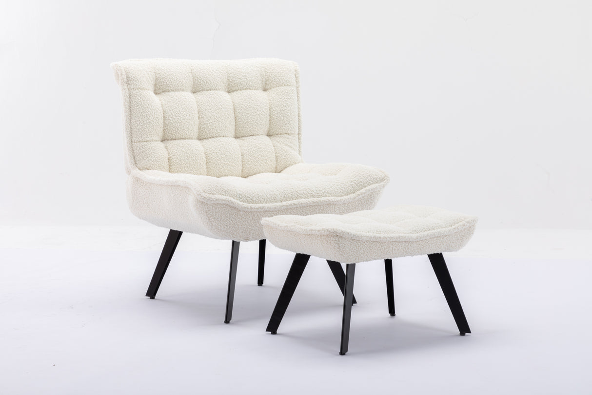 Modern Soft Teddy Fabric Material Large Width Accent Chair Leisure Chair Armchair TV Chair Bedroom Chair With Ottoman Black Legs For Indoor Home And Living Room,White - Home Elegance USA