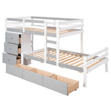 Twin over Twin Loft Bunk Bed with Drawers and Ladder, Gray - Home Elegance USA