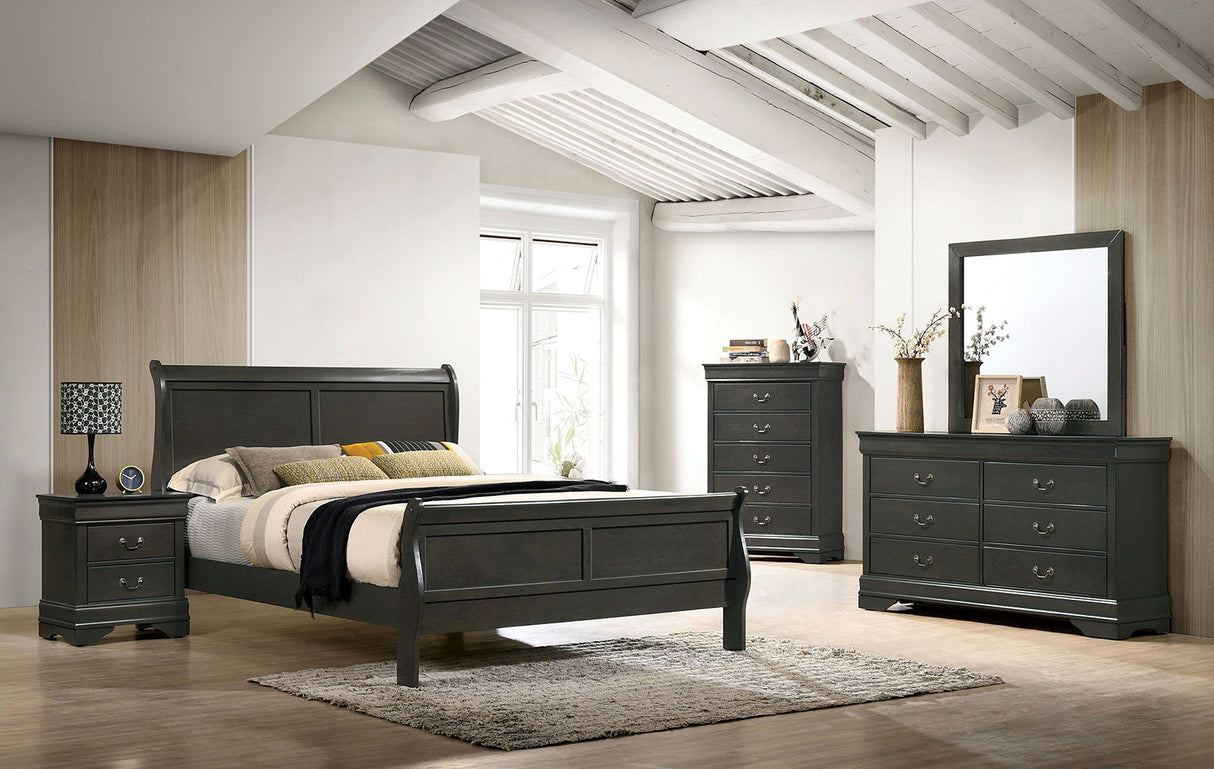 Louis Philippe - Queen Bed & 1 Nightstand & Dresser & Mirror & Chest - Gray - Home Elegance USA