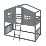 Twin Over Twin House Bunk Bed With Ladder, Wood Bed-Gray - Home Elegance USA