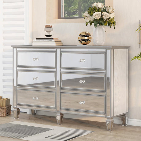 Elegant Mirrored Dresser with 6 Drawers, Modern Silver Finished 56.1''L x 18.1'' W x 36.4'' H Storage Cabinet for Living Room, Hallway, Entryway (Old sku:WF292385AAN) - Home Elegance USA