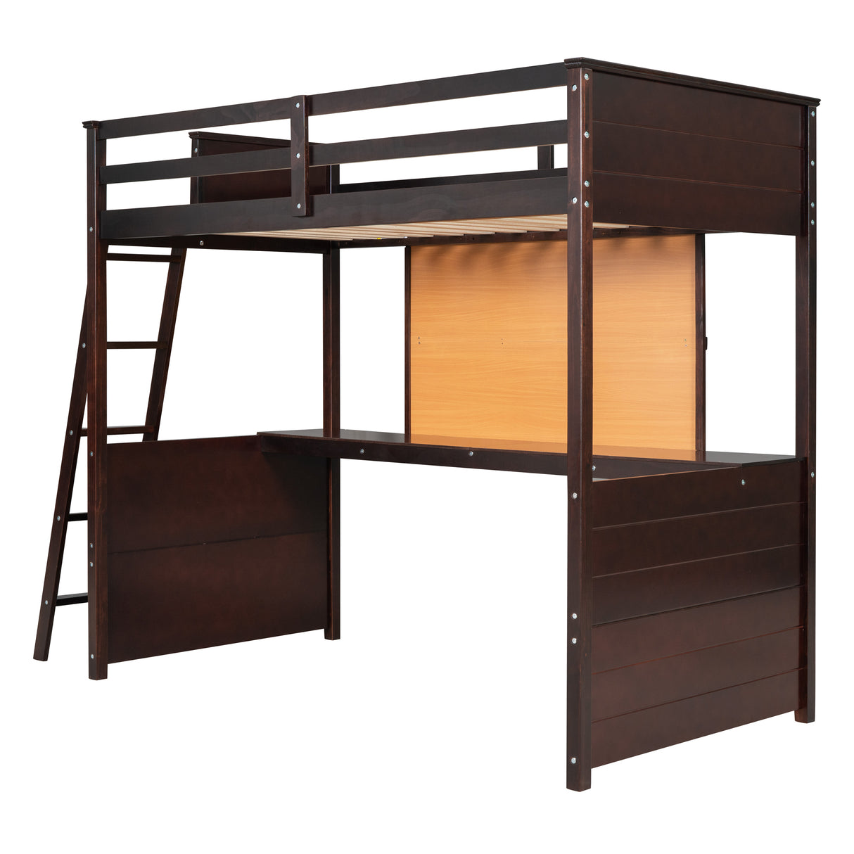 Twin size Loft Bed with Desk and Writing Board, Wooden Loft Bed with Desk - Espresso - Home Elegance USA