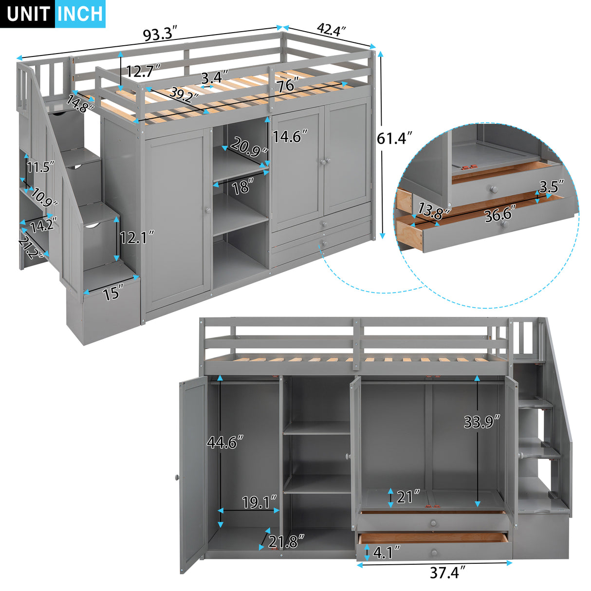 Functional Loft Bed with 3 Shelves, 2 Wardrobes and 2 Drawers,  Ladder with Storage, No Box Spring Needed, Gray - Home Elegance USA