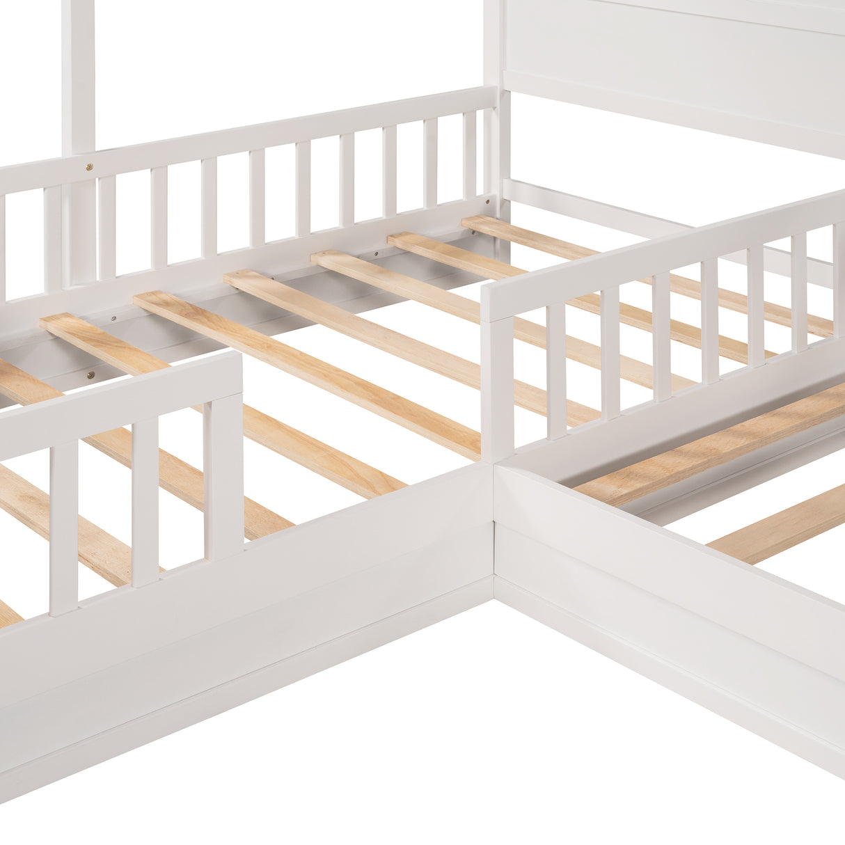 Wood House Bed Twin Size, 2 Twin Solid Bed L structure with fence and slatted frame （White) - Home Elegance USA