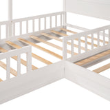 Wood House Bed Twin Size, 2 Twin Solid Bed L structure with fence and slatted frame （White) - Home Elegance USA