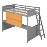 Twin size Loft Bed with Desk and Writing Board, Wooden Loft Bed with Desk - Gray - Home Elegance USA